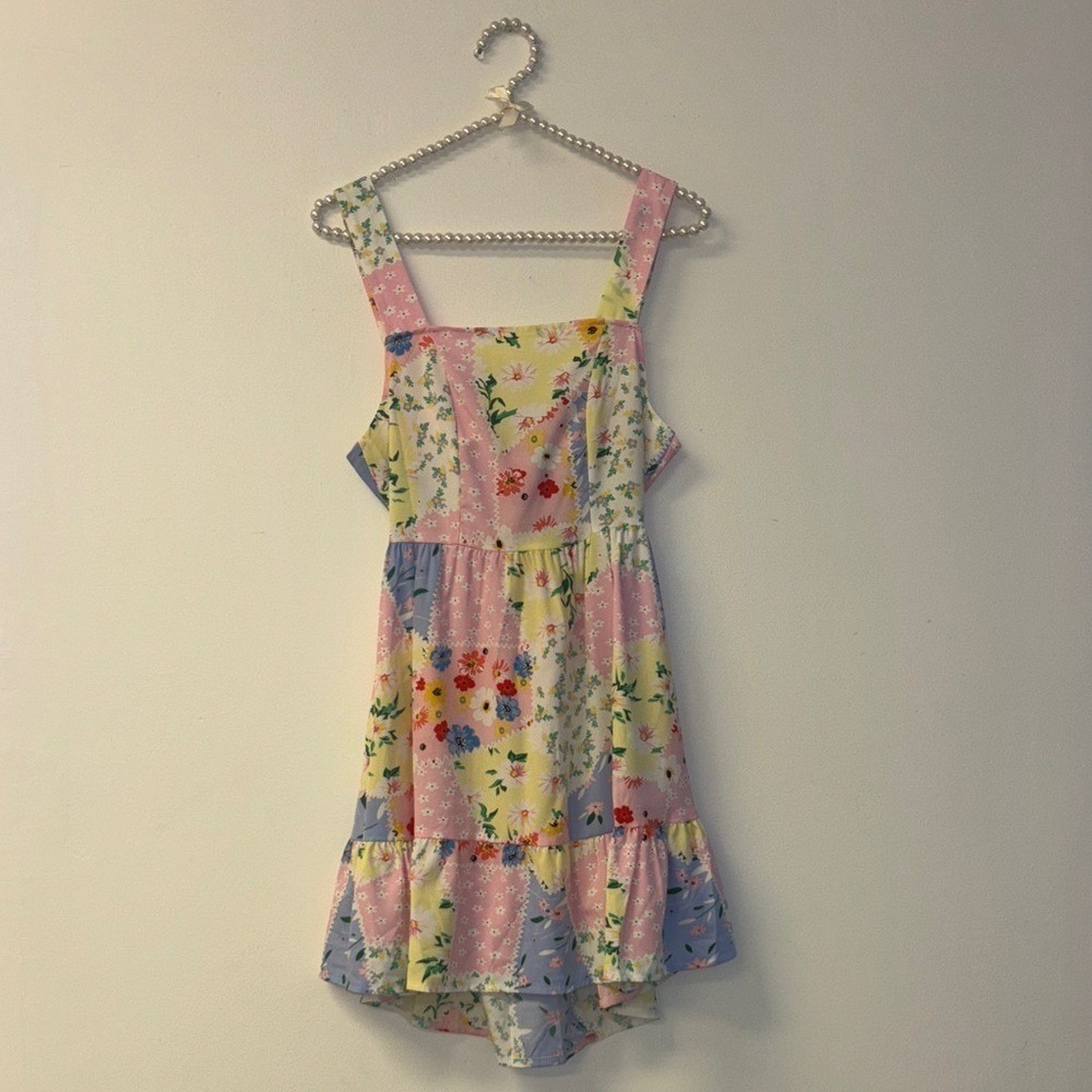 Floral Mini Dress with Pink Blue Spring Sz XS ruffle stretch elastic bow pattern